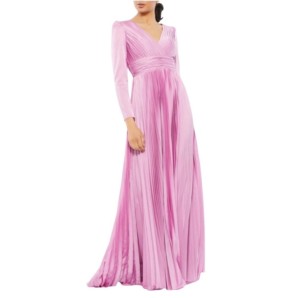 Mac Duggal 26542 Pleated Satin Long Sleeve Gown Lilac Size 4 $498